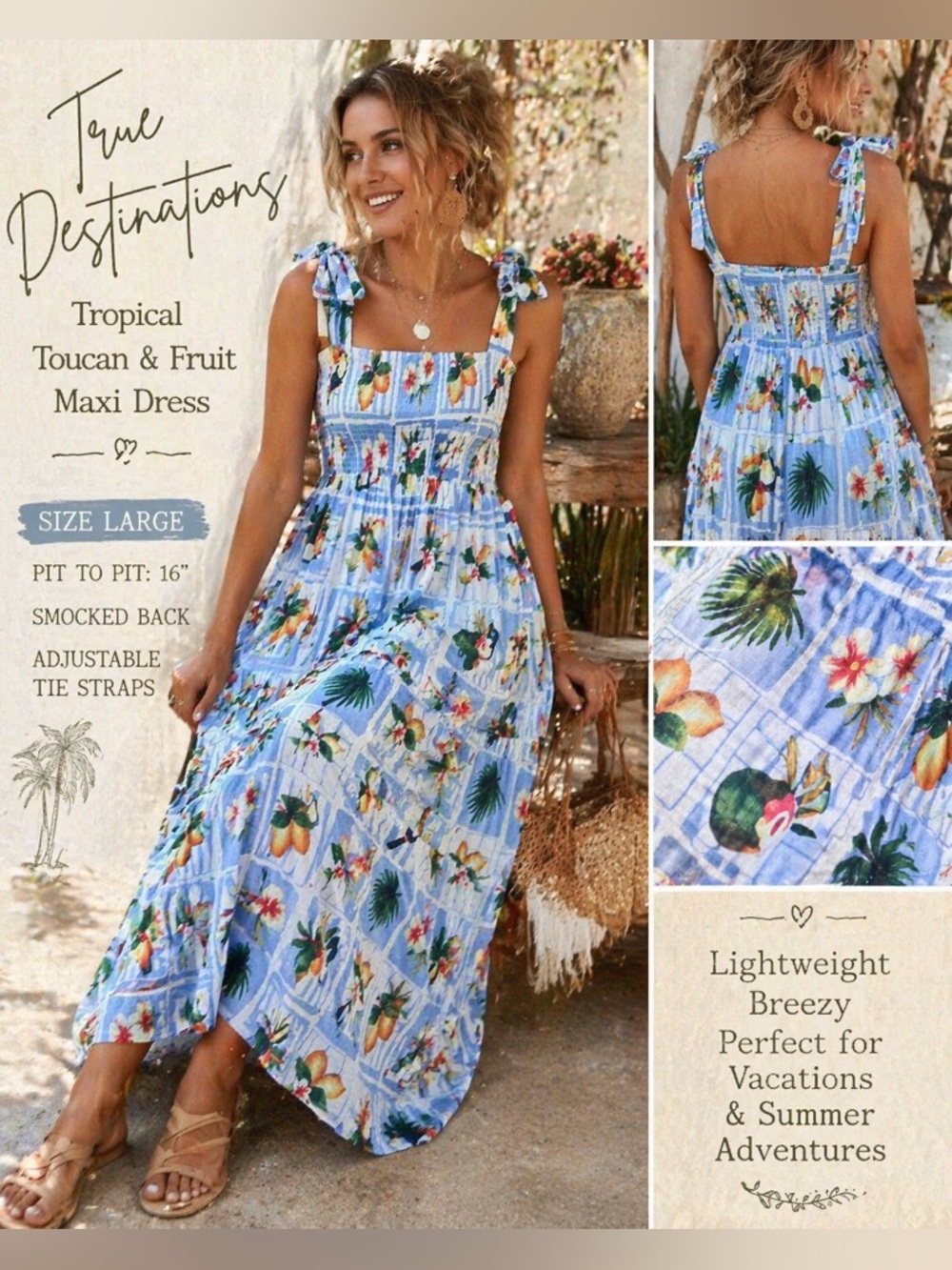True Destinations Tropical Toucan Fruit Print Maxi Dress Size Large Smocked Back